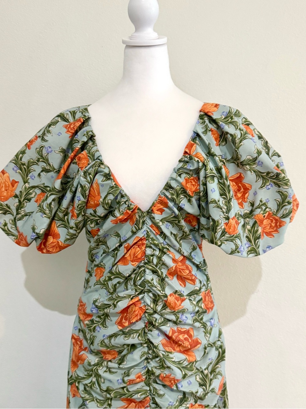 Agua Bendita Orange Floral Ruched Midi Dress on Light Blue - Picture 2 of 6